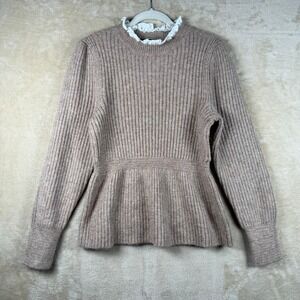 Lea & Viola Womens Tan Heather Ribbed Peplum Sweater Ruffle Lace Neck L Coquette